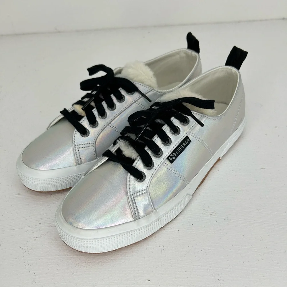 Superga x‎ Jocelyn Furry Tongue Silver Iridescent Sneakers Women 9.5 Men 8 EU 41